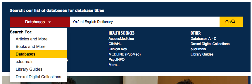 Expanded drop-down menu on the DUL homepage with 'Database' entry highlighted in yellow